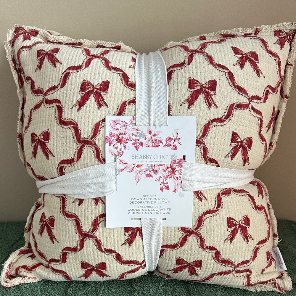 Shabby Chic Holiday Oversized Pillows Red Bow Gold Ivory Set of 2 NEW!